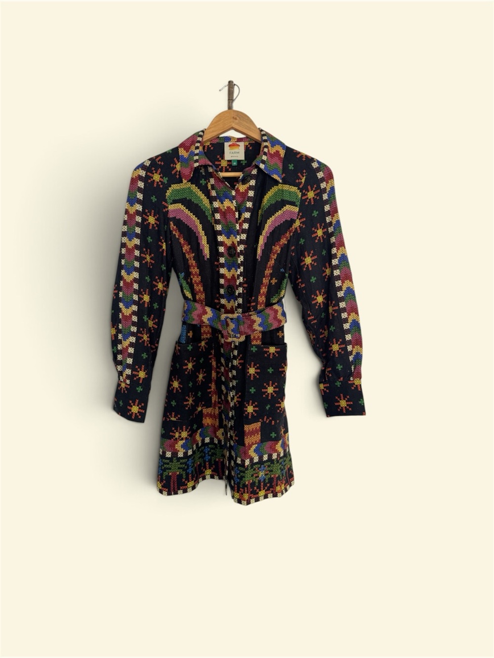 Farm Rio Multicolor Belted Long Sleeve Mini Dress XS